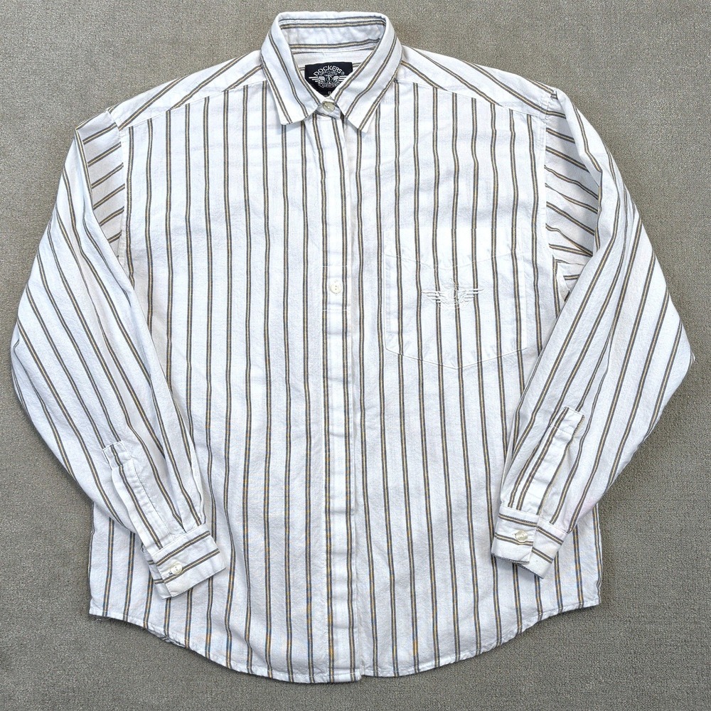 Dockers Striped Button Down Shirt Womens Small White Blue Yellow Cotton Vintage
